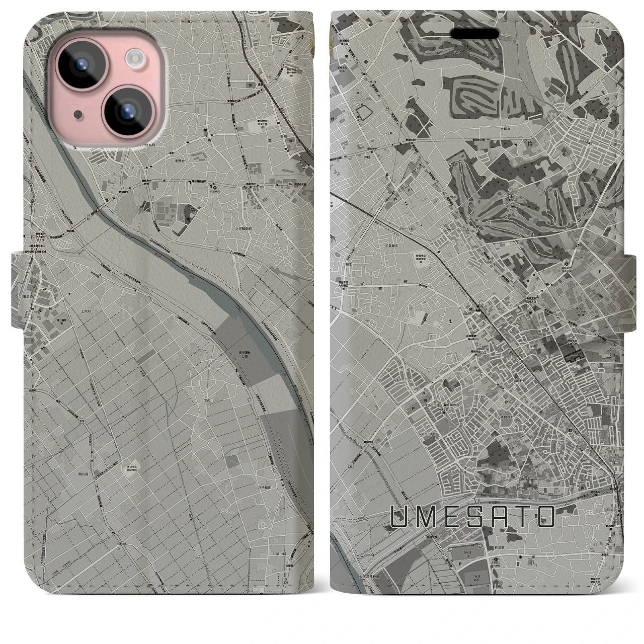 【梅郷(千葉県)】地図柄iPhoneケース(手帳タイプ)モノトーン・iPhone 15 Plus 用