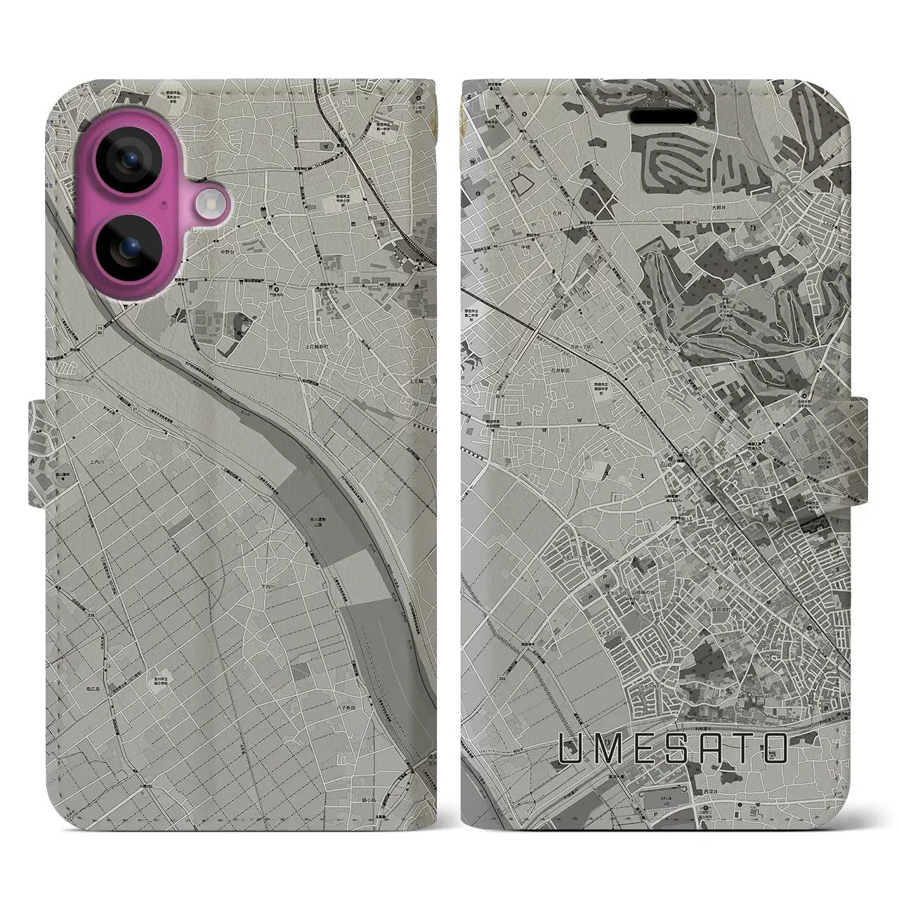 【梅郷(千葉県)】地図柄iPhoneケース(手帳タイプ)モノトーン・iPhone 16 Pro 用