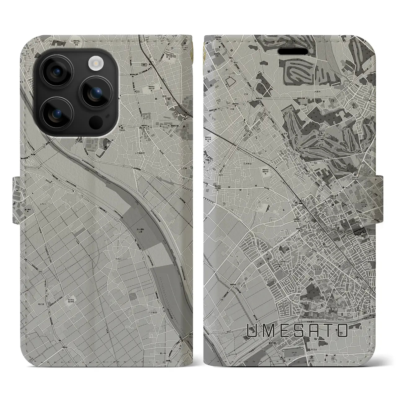 【梅郷(千葉県)】地図柄iPhoneケース(手帳タイプ)モノトーン・iPhone 16 用