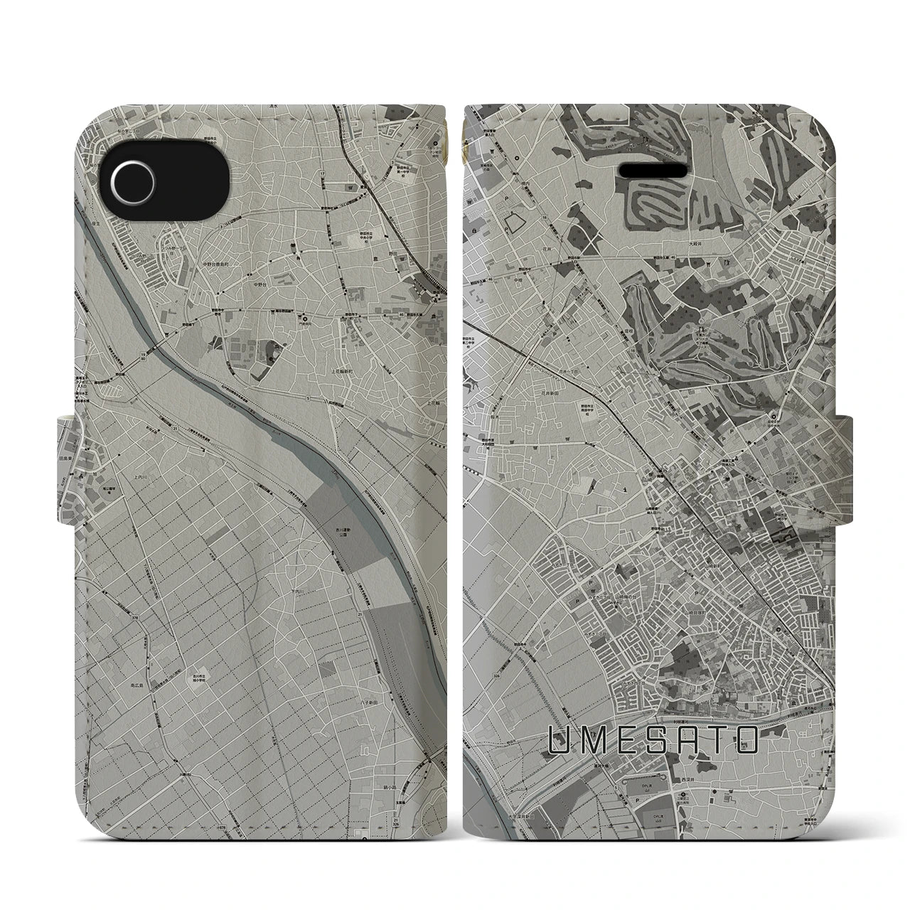 【梅郷(千葉県)】地図柄iPhoneケース(手帳タイプ)モノトーン・iPhone SE(第3 / 第2世代) / 8 / 7 / 6s / 6 用