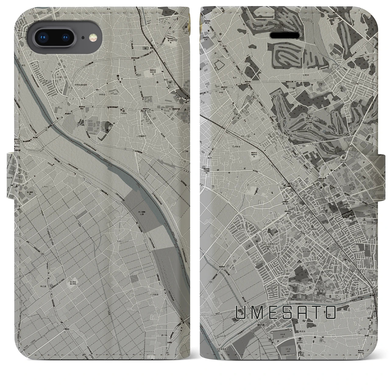 【梅郷(千葉県)】地図柄iPhoneケース(手帳タイプ)モノトーン・iPhone 8Plus /7Plus / 6sPlus / 6Plus 用