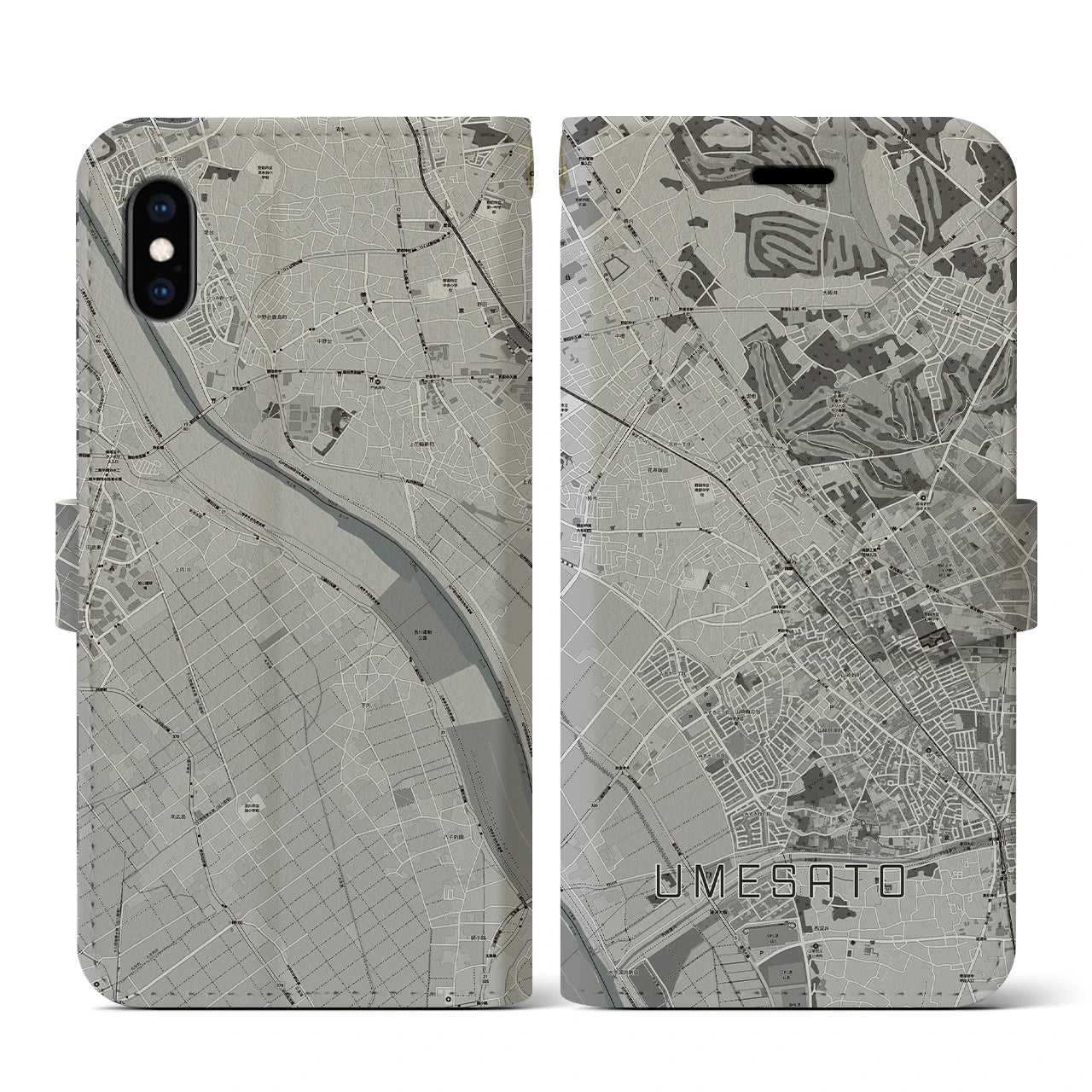 【梅郷(千葉県)】地図柄iPhoneケース(手帳タイプ)モノトーン・iPhone XS / X 用