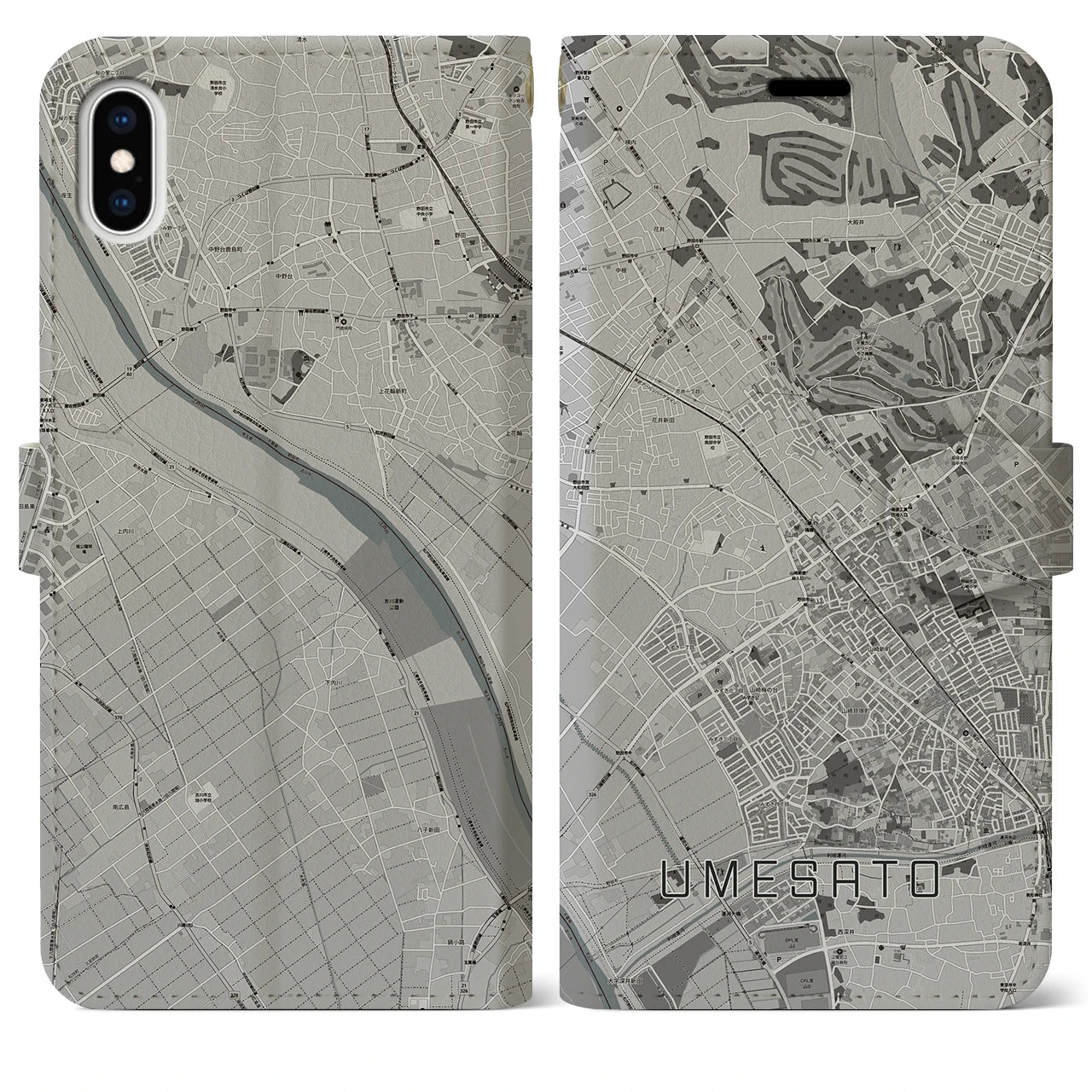 【梅郷(千葉県)】地図柄iPhoneケース(手帳タイプ)モノトーン・iPhone XS Max 用