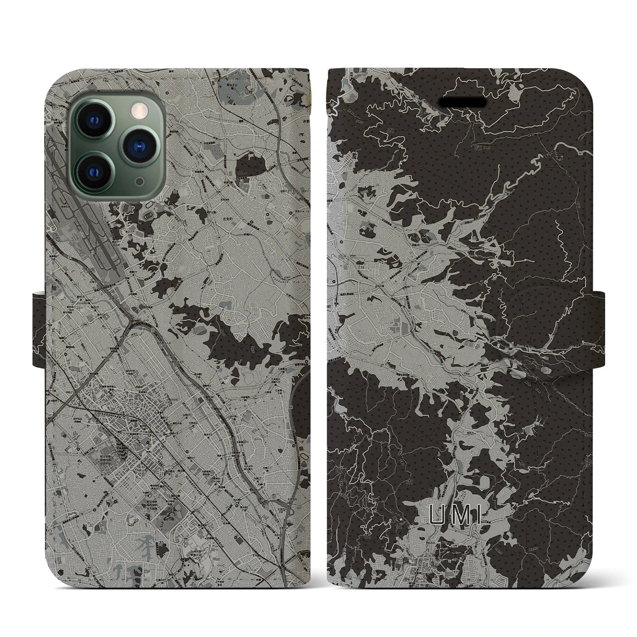 【宇美(福岡県)】地図柄iPhoneケース(手帳タイプ)モノトーン・iPhone 11 Pro 用