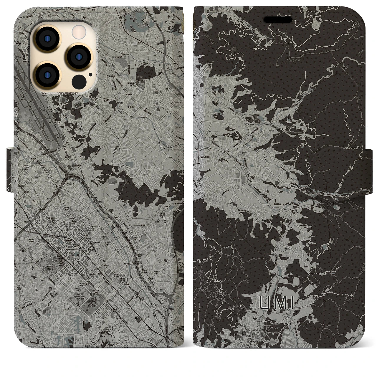 【宇美(福岡県)】地図柄iPhoneケース(手帳タイプ)モノトーン・iPhone 12 Pro Max 用