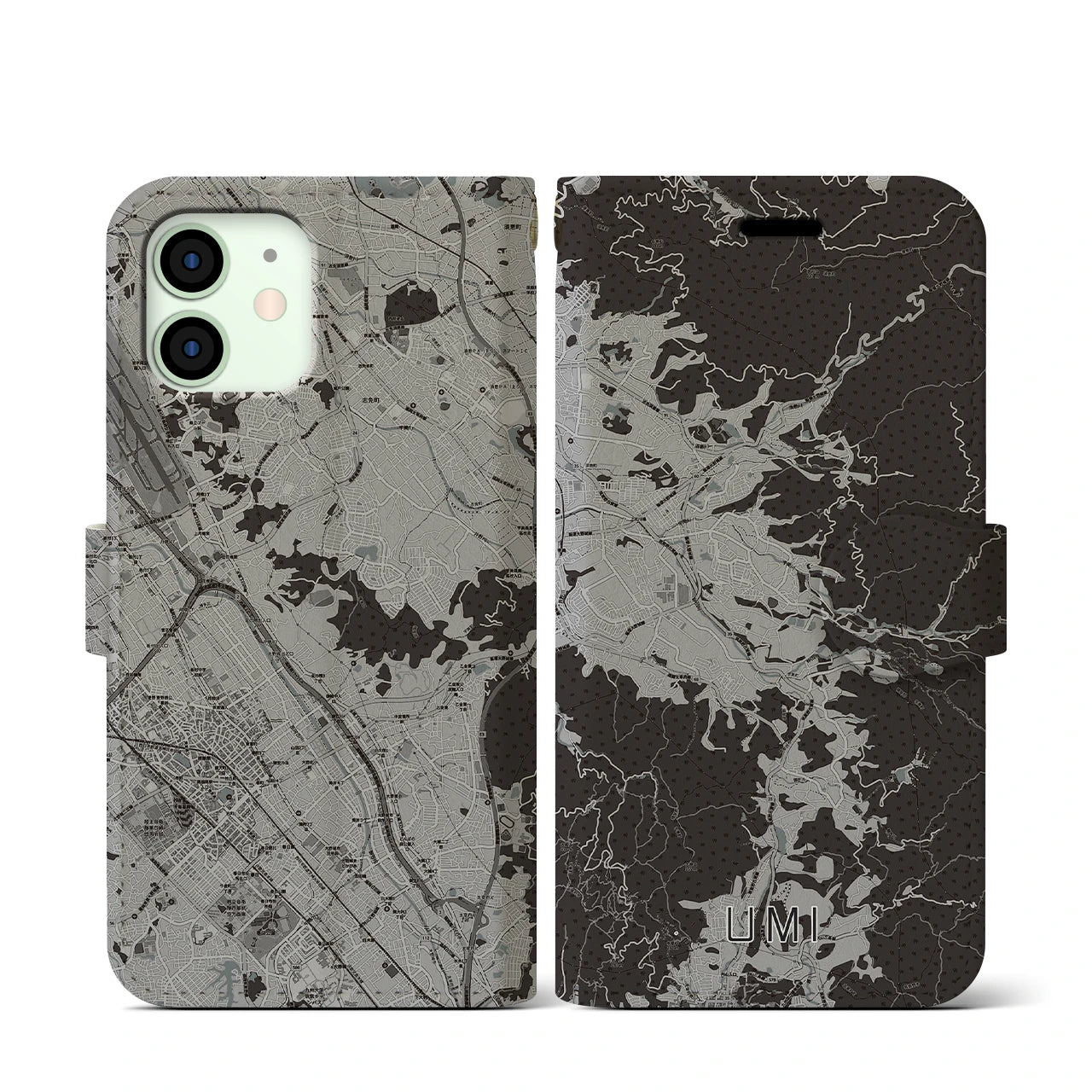 【宇美(福岡県)】地図柄iPhoneケース(手帳タイプ)モノトーン・iPhone 12 mini 用