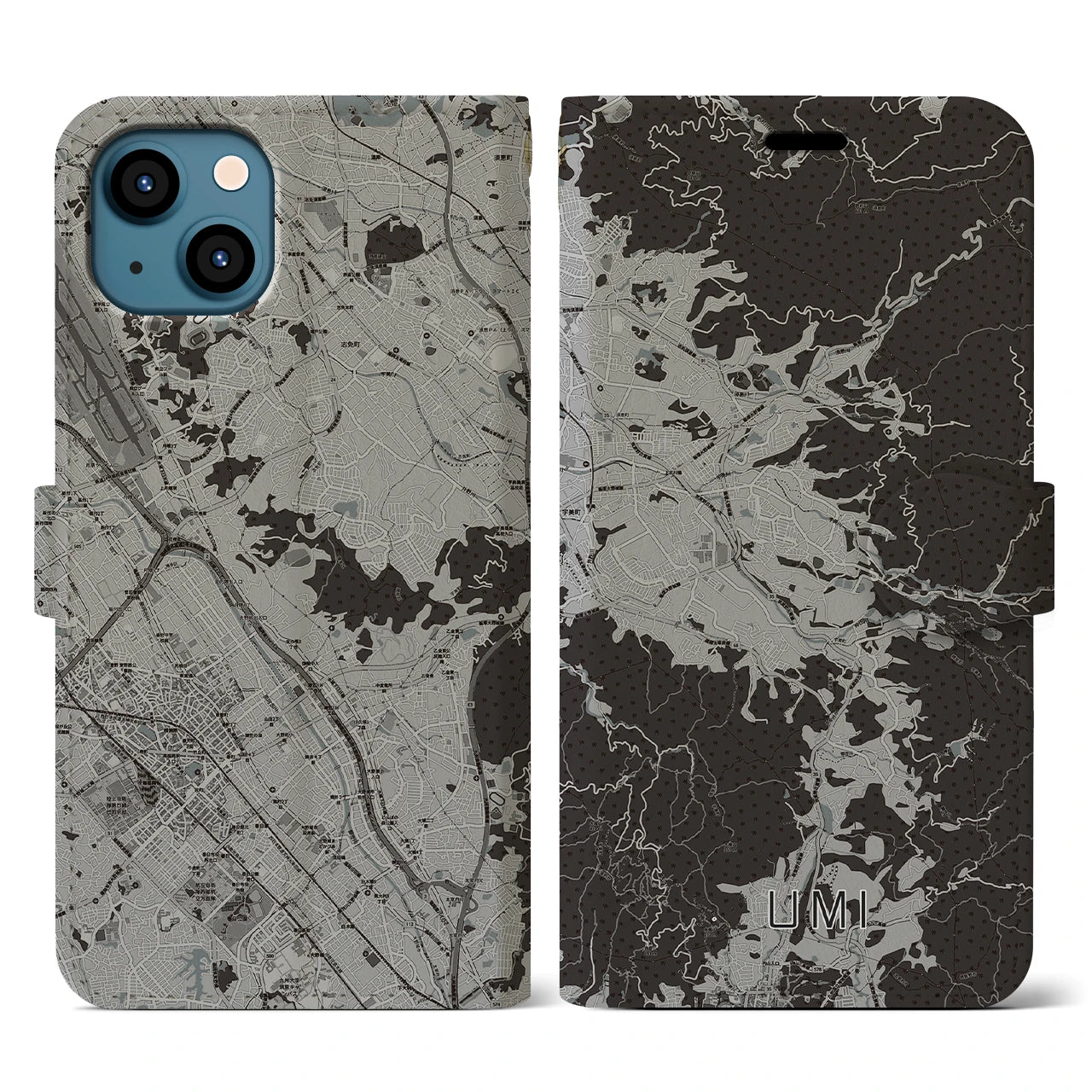 【宇美(福岡県)】地図柄iPhoneケース(手帳タイプ)モノトーン・iPhone 13 用