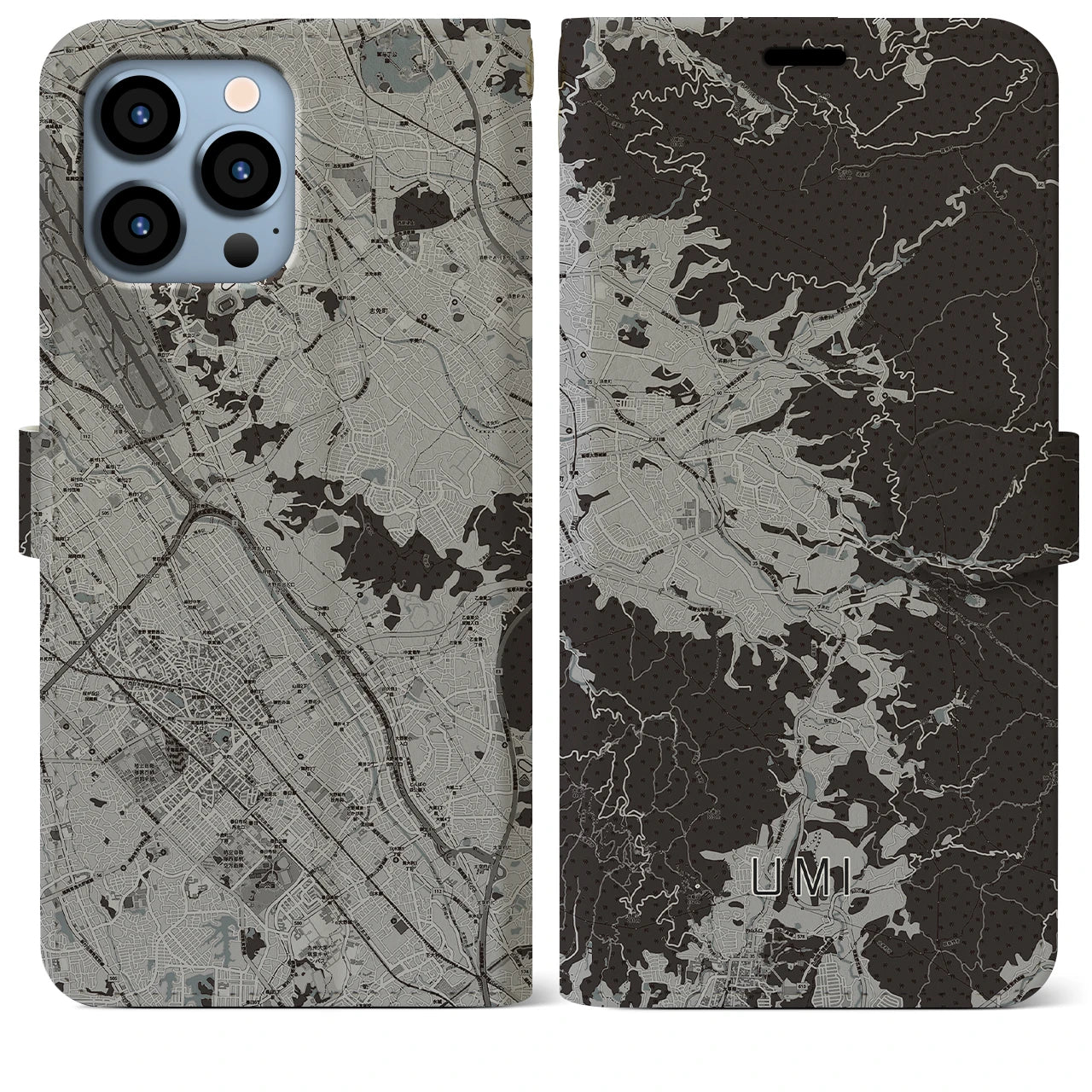 【宇美(福岡県)】地図柄iPhoneケース(手帳タイプ)モノトーン・iPhone 13 Pro Max 用
