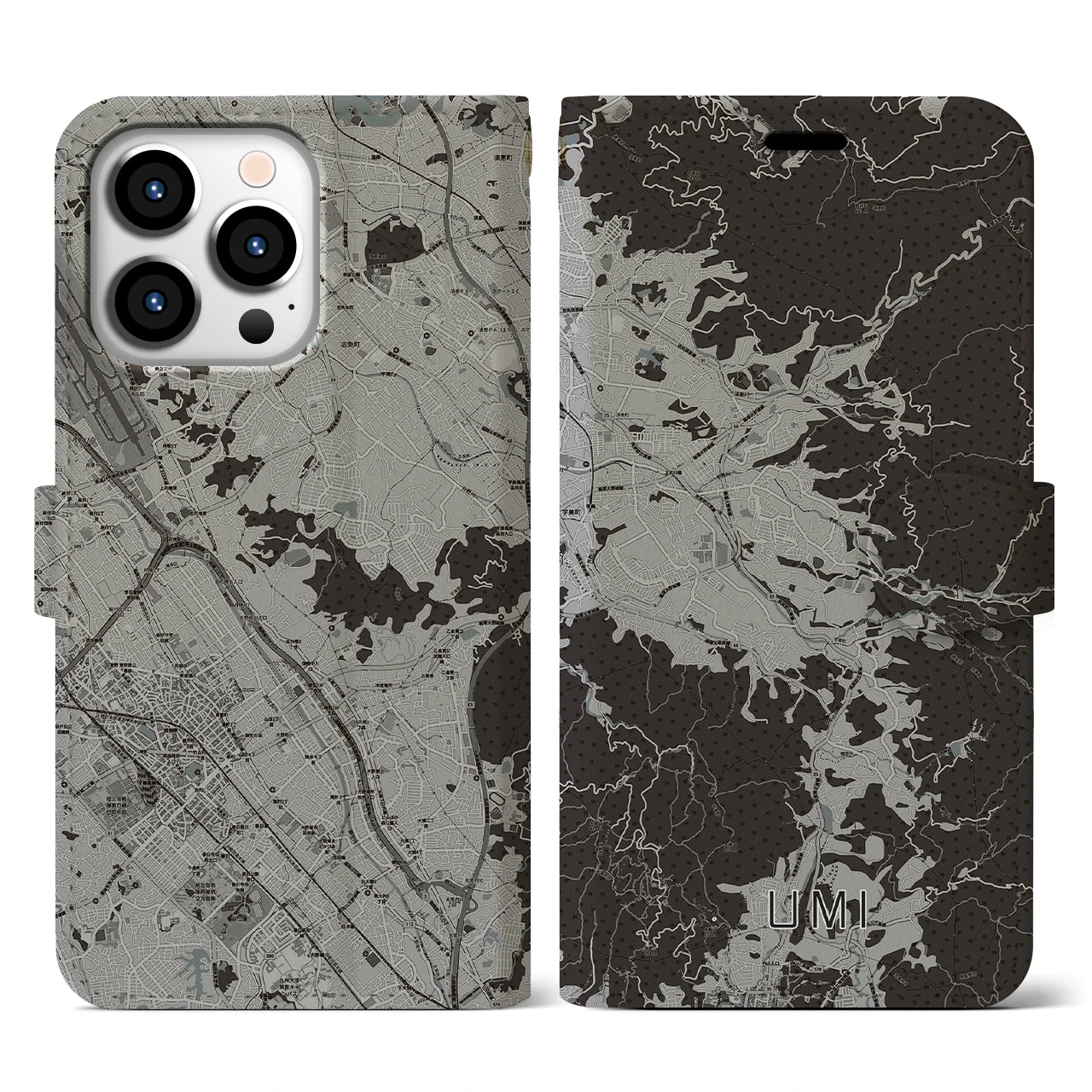 【宇美(福岡県)】地図柄iPhoneケース(手帳タイプ)モノトーン・iPhone 13 Pro 用