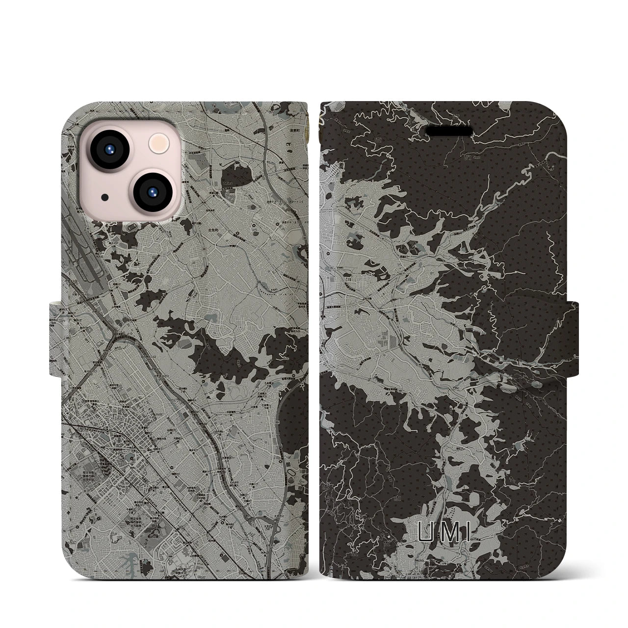 【宇美(福岡県)】地図柄iPhoneケース(手帳タイプ)モノトーン・iPhone 13 mini 用
