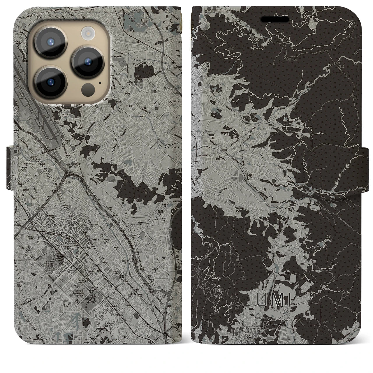 【宇美(福岡県)】地図柄iPhoneケース(手帳タイプ)モノトーン・iPhone 14 Pro Max 用