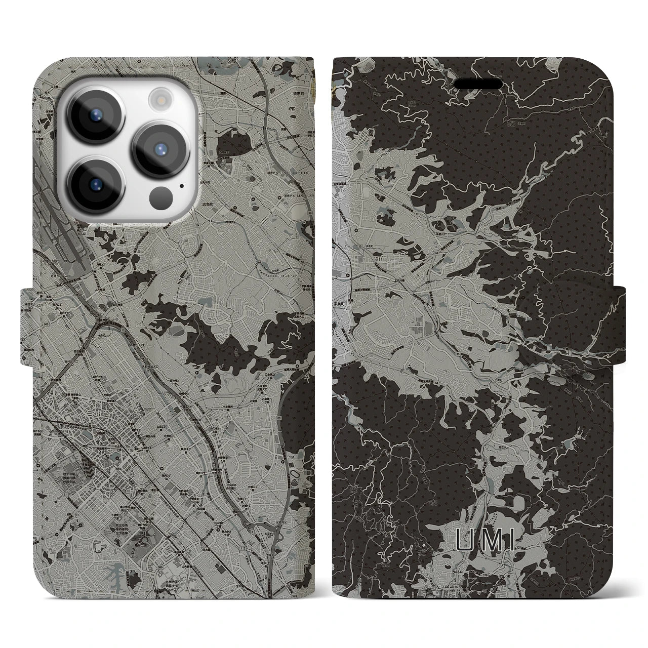 【宇美(福岡県)】地図柄iPhoneケース(手帳タイプ)モノトーン・iPhone 14 Pro 用