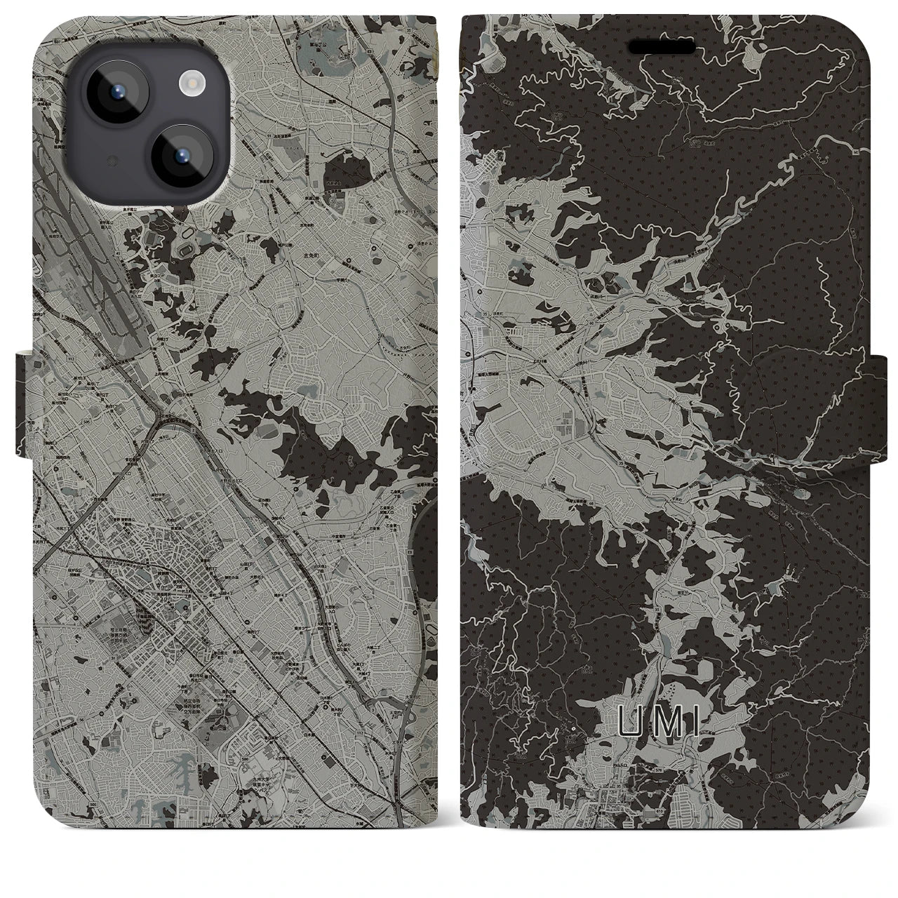 【宇美(福岡県)】地図柄iPhoneケース(手帳タイプ)モノトーン・iPhone 14 Plus 用