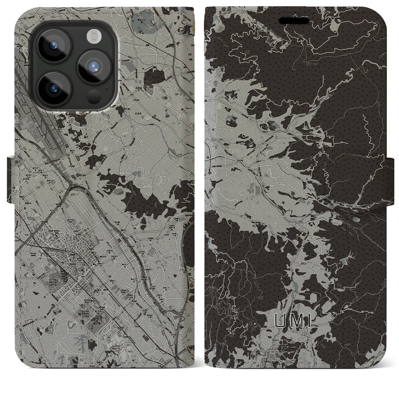 【宇美(福岡県)】地図柄iPhoneケース(手帳タイプ)モノトーン・iPhone 15 Pro Max 用
