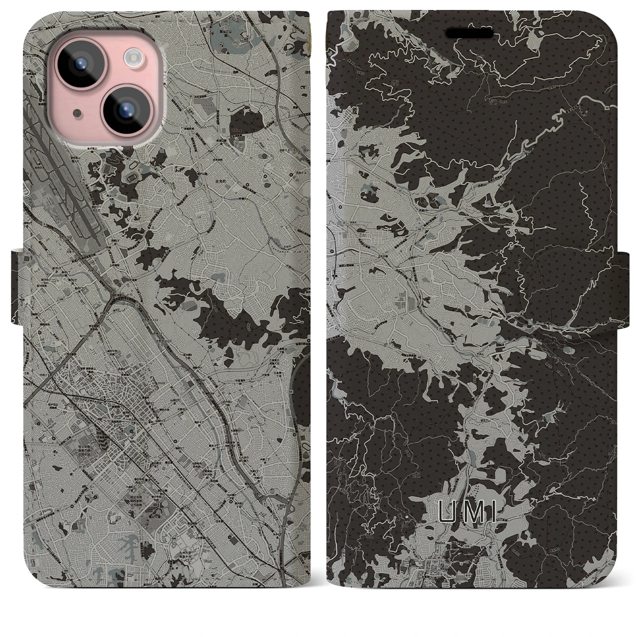 【宇美(福岡県)】地図柄iPhoneケース(手帳タイプ)モノトーン・iPhone 15 Plus 用