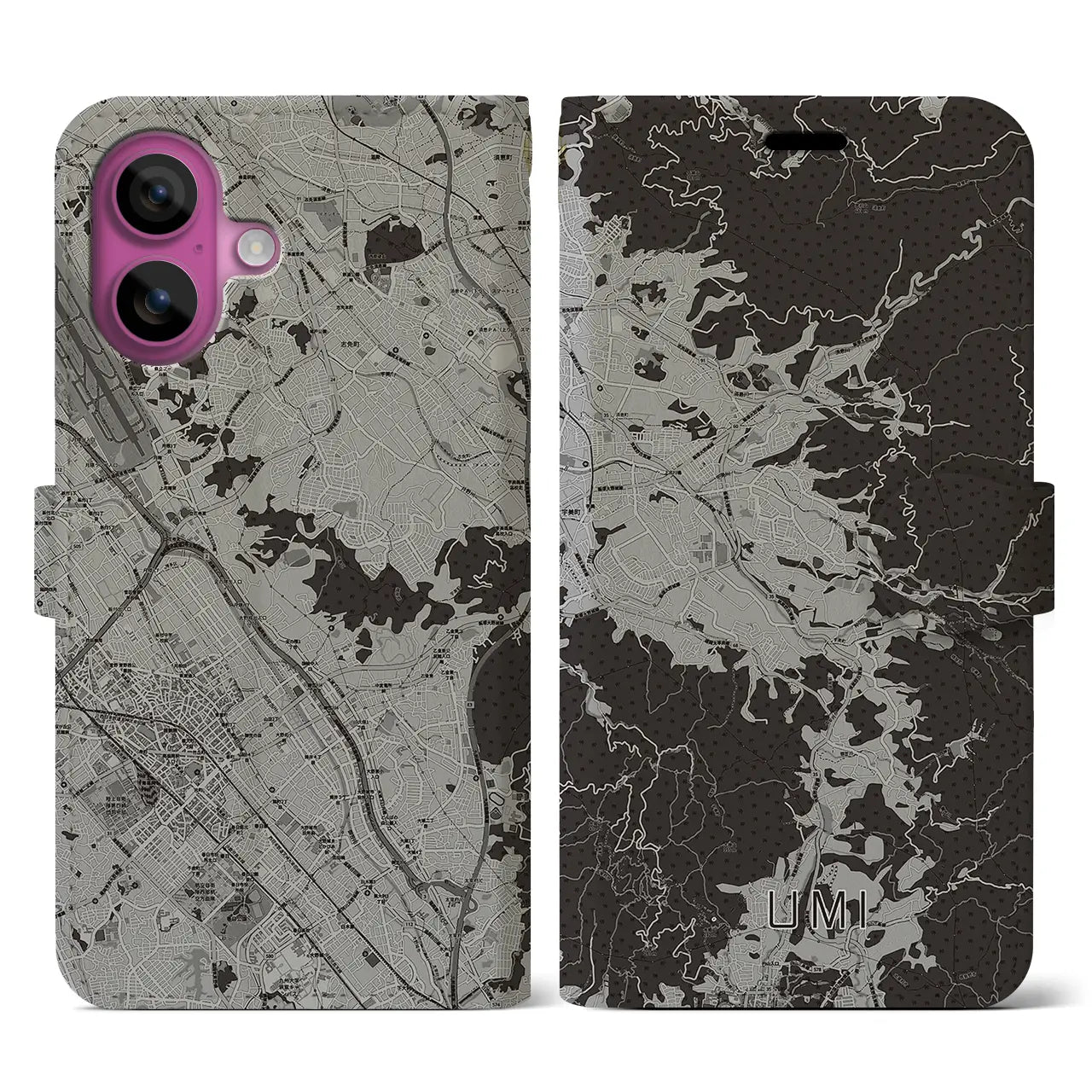 【宇美(福岡県)】地図柄iPhoneケース(手帳タイプ)モノトーン・iPhone 16 Pro 用