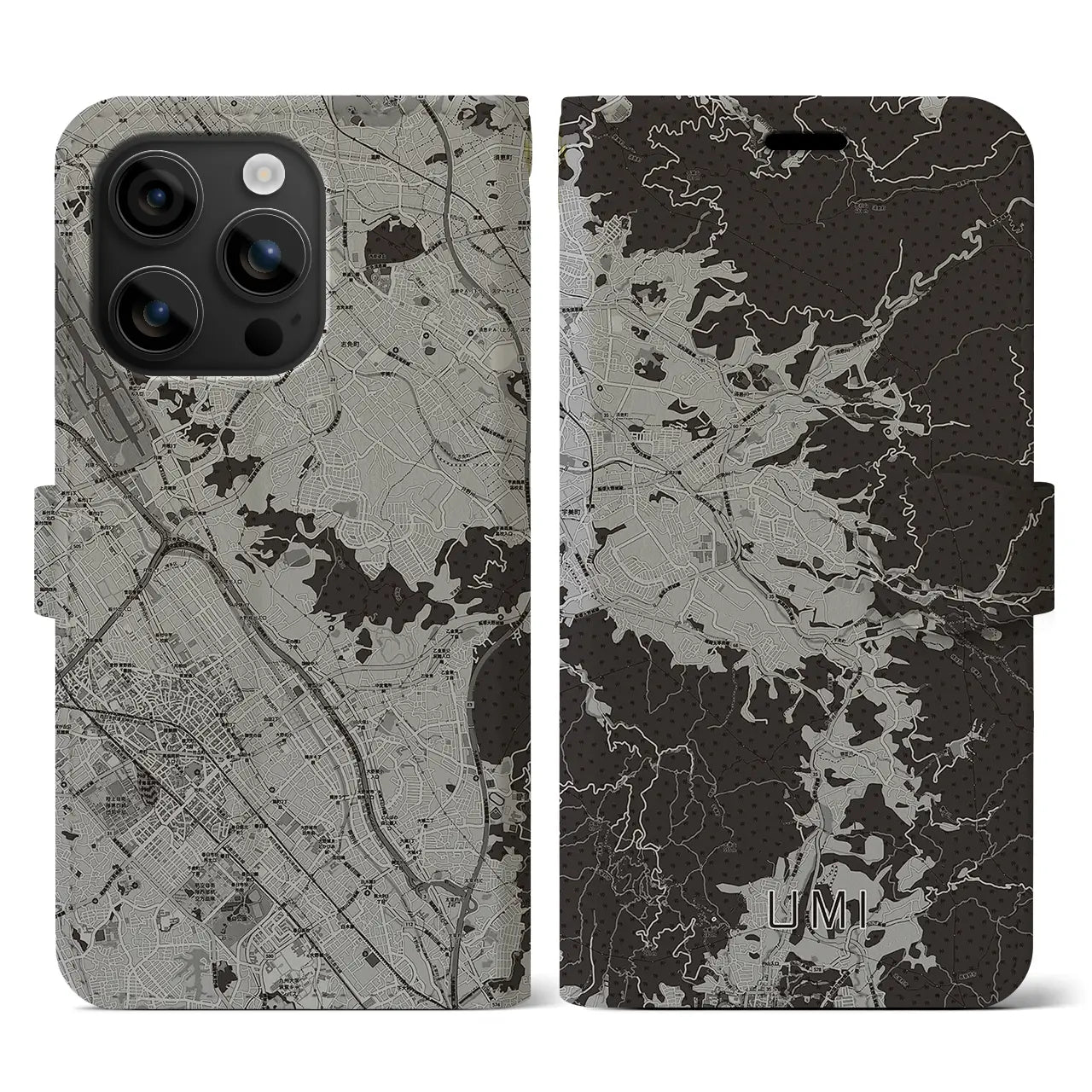 【宇美(福岡県)】地図柄iPhoneケース(手帳タイプ)モノトーン・iPhone 16 用