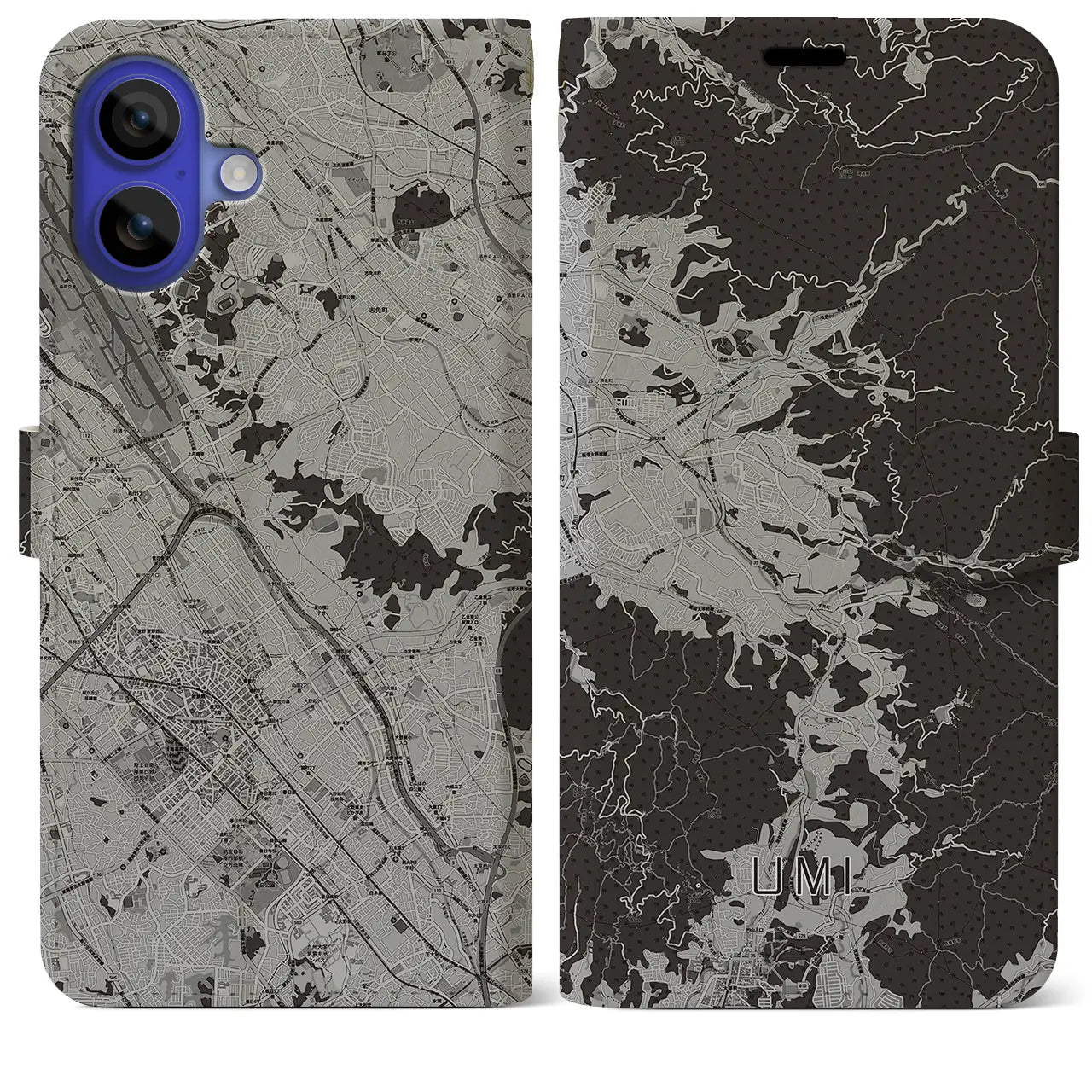 【宇美(福岡県)】地図柄iPhoneケース(手帳タイプ)モノトーン・iPhone 16 Pro Max 用