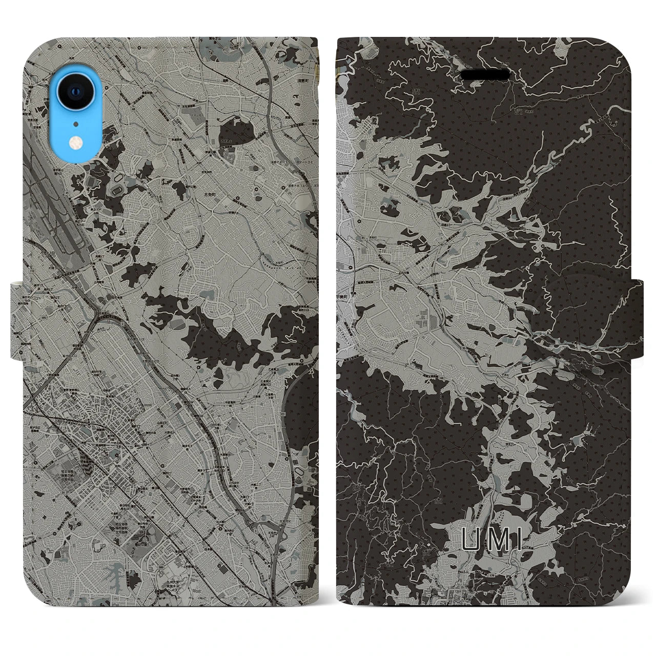 【宇美(福岡県)】地図柄iPhoneケース(手帳タイプ)モノトーン・iPhone XR 用