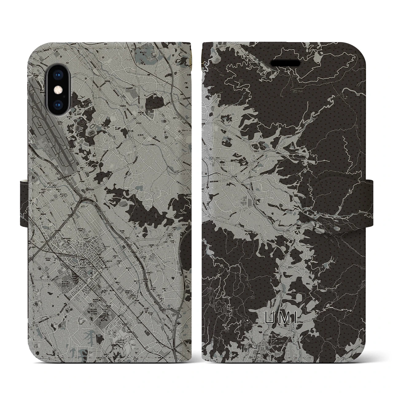 【宇美(福岡県)】地図柄iPhoneケース(手帳タイプ)モノトーン・iPhone XS / X 用