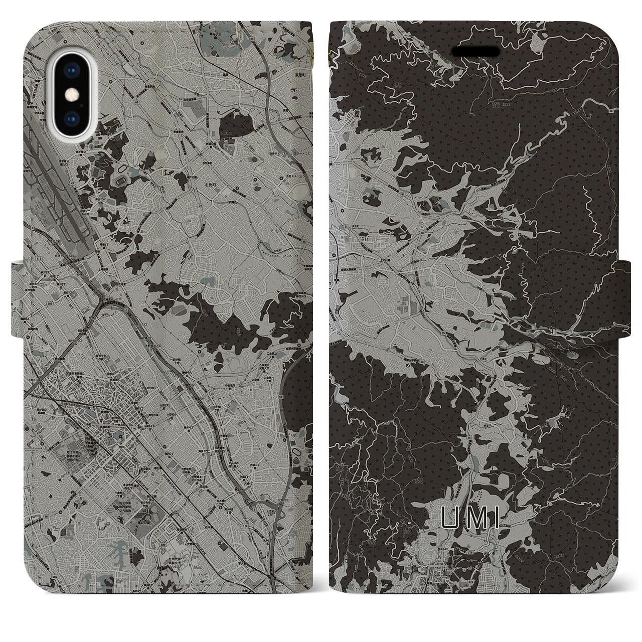 【宇美(福岡県)】地図柄iPhoneケース(手帳タイプ)モノトーン・iPhone XS Max 用