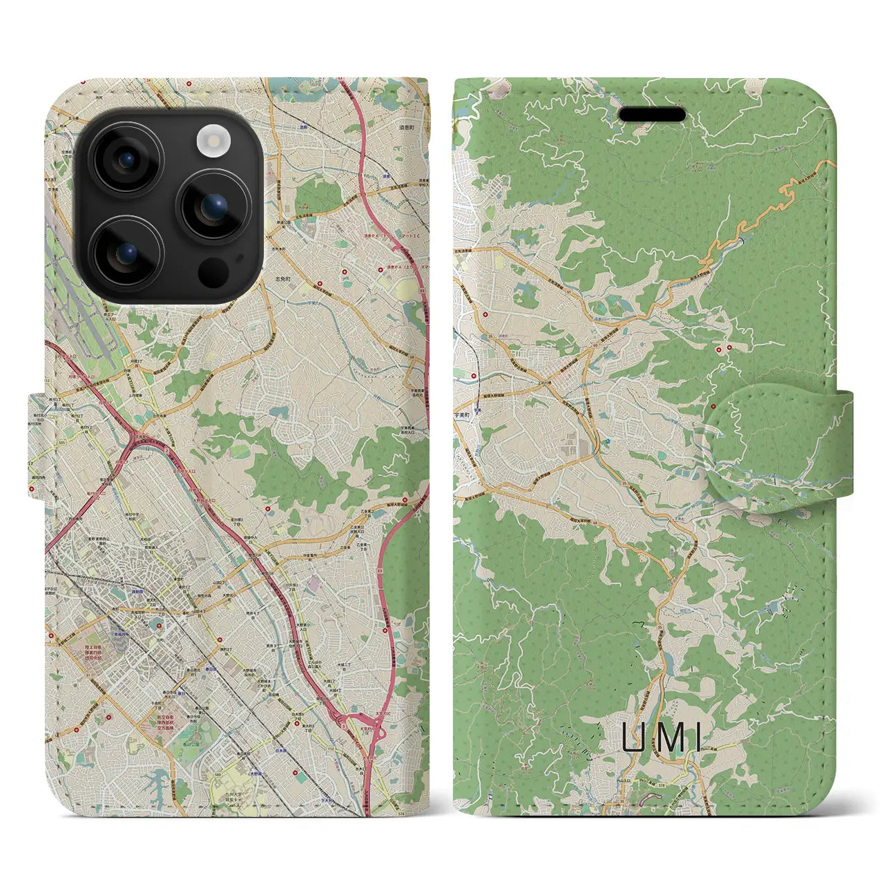 【宇美(福岡県)】地図柄iPhoneケース(手帳タイプ)ナチュラル・iPhone 16 用