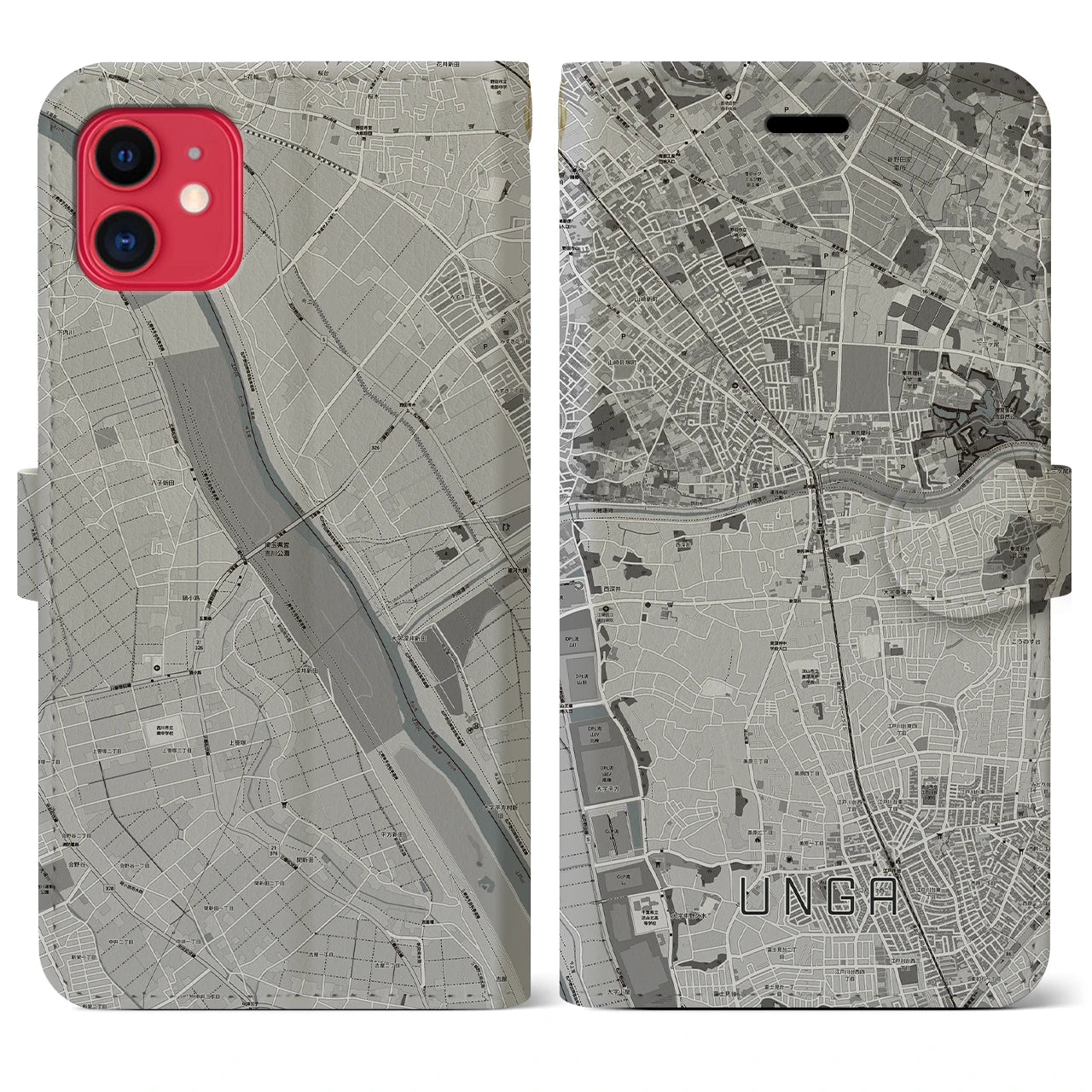 【運河(千葉県)】地図柄iPhoneケース(手帳タイプ)モノトーン・iPhone 11 用