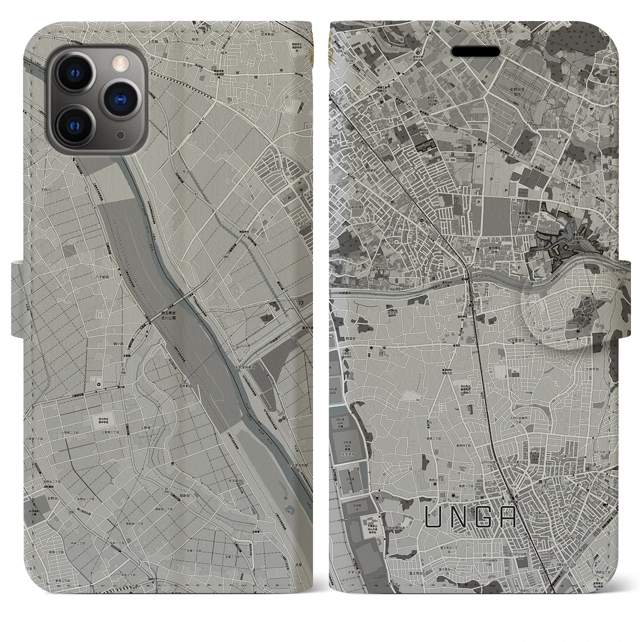 【運河(千葉県)】地図柄iPhoneケース(手帳タイプ)モノトーン・iPhone 11 Pro Max 用