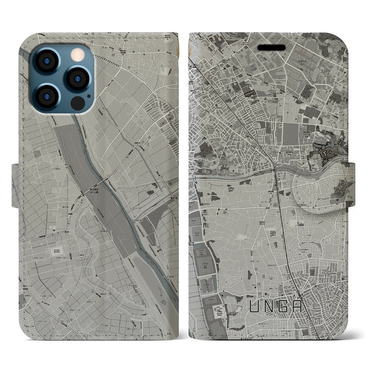 【運河(千葉県)】地図柄iPhoneケース(手帳タイプ)モノトーン・iPhone 12 / 12 Pro 用