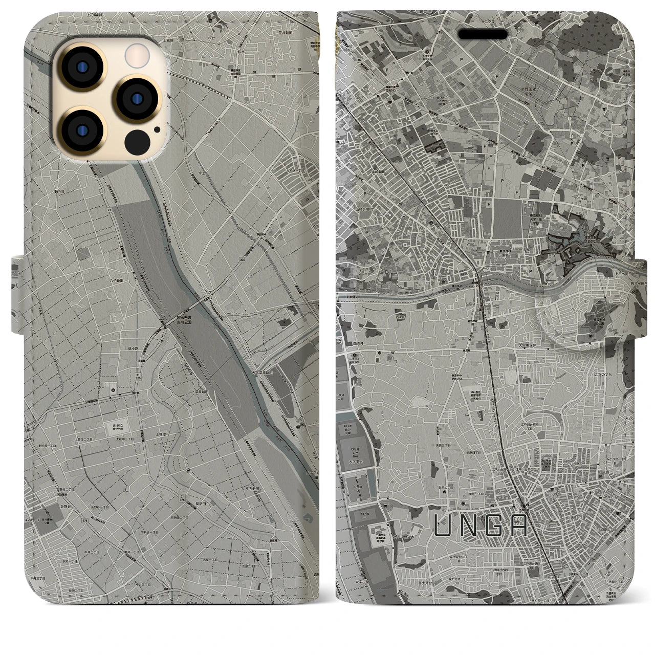 【運河(千葉県)】地図柄iPhoneケース(手帳タイプ)モノトーン・iPhone 12 Pro Max 用