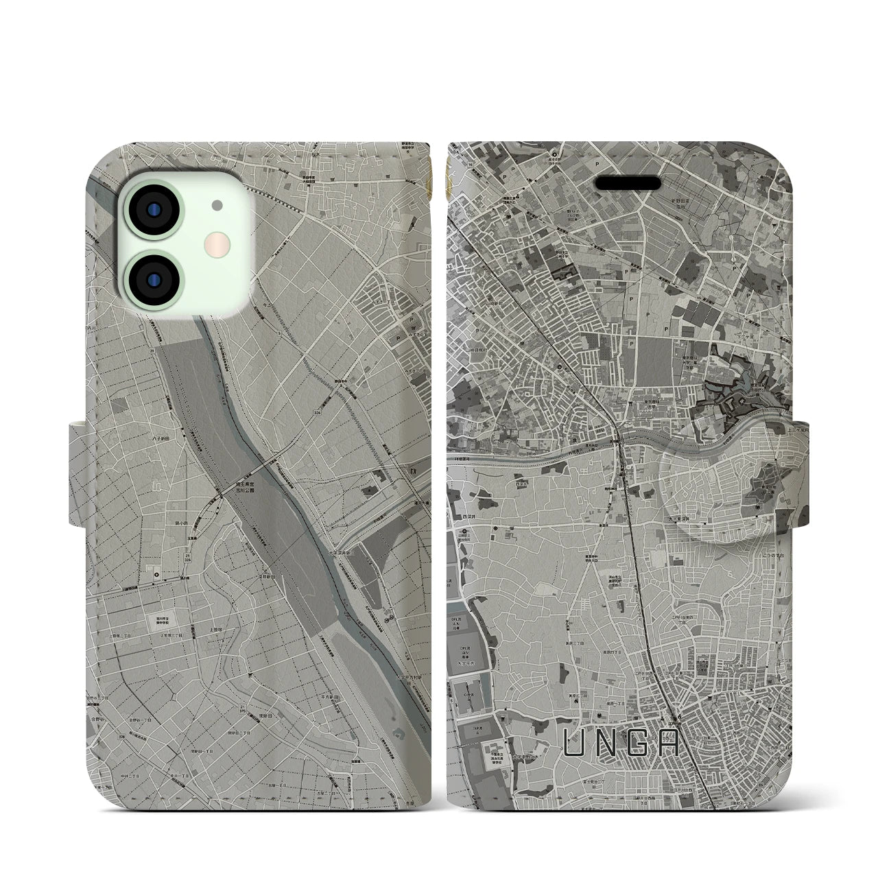 【運河(千葉県)】地図柄iPhoneケース(手帳タイプ)モノトーン・iPhone 12 mini 用