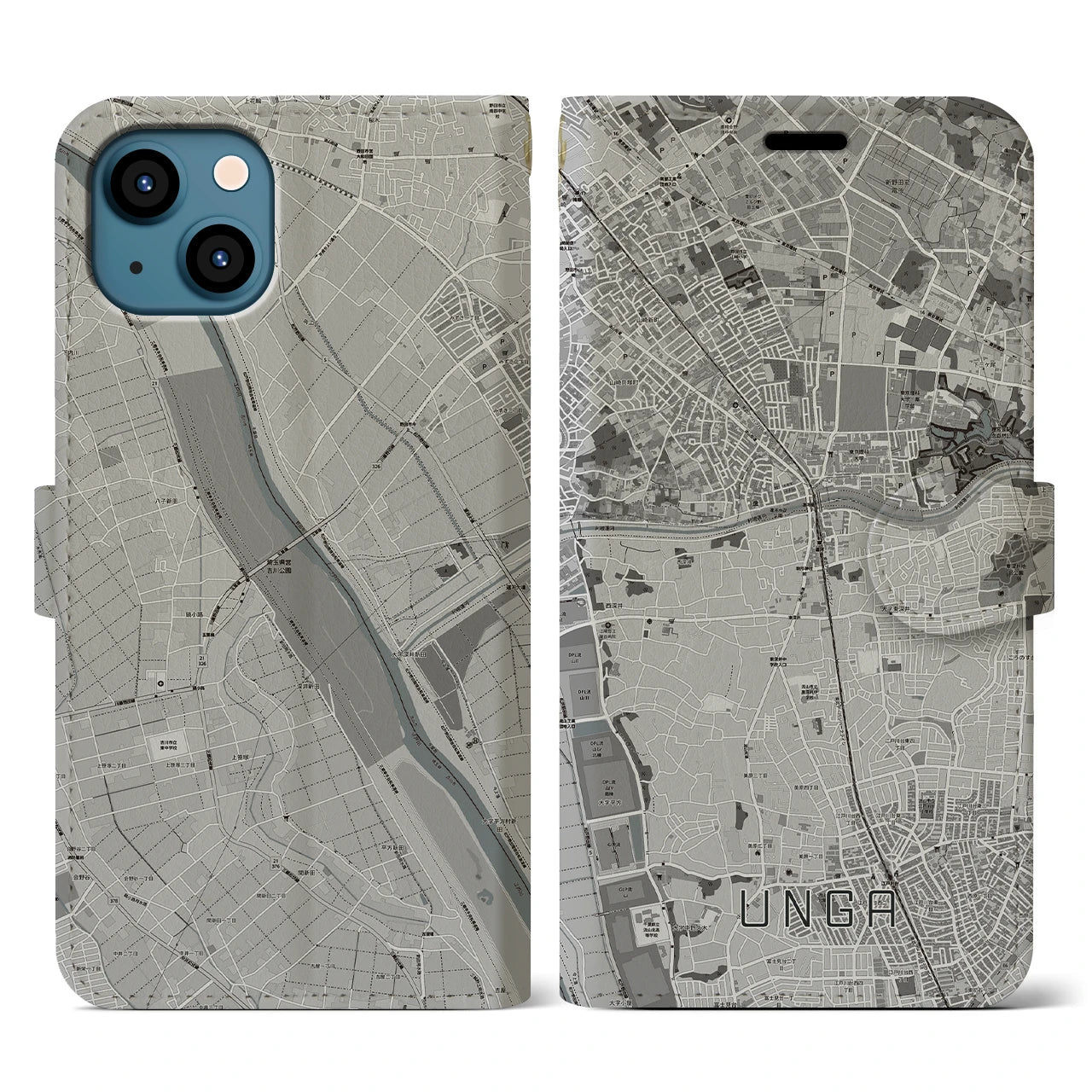 【運河(千葉県)】地図柄iPhoneケース(手帳タイプ)モノトーン・iPhone 13 用