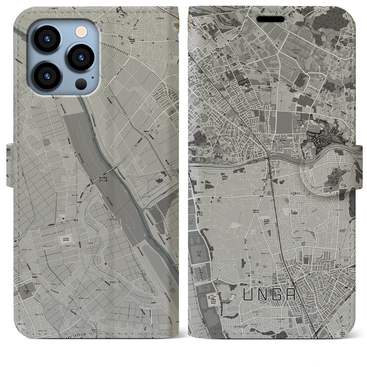 【運河(千葉県)】地図柄iPhoneケース(手帳タイプ)モノトーン・iPhone 13 Pro Max 用