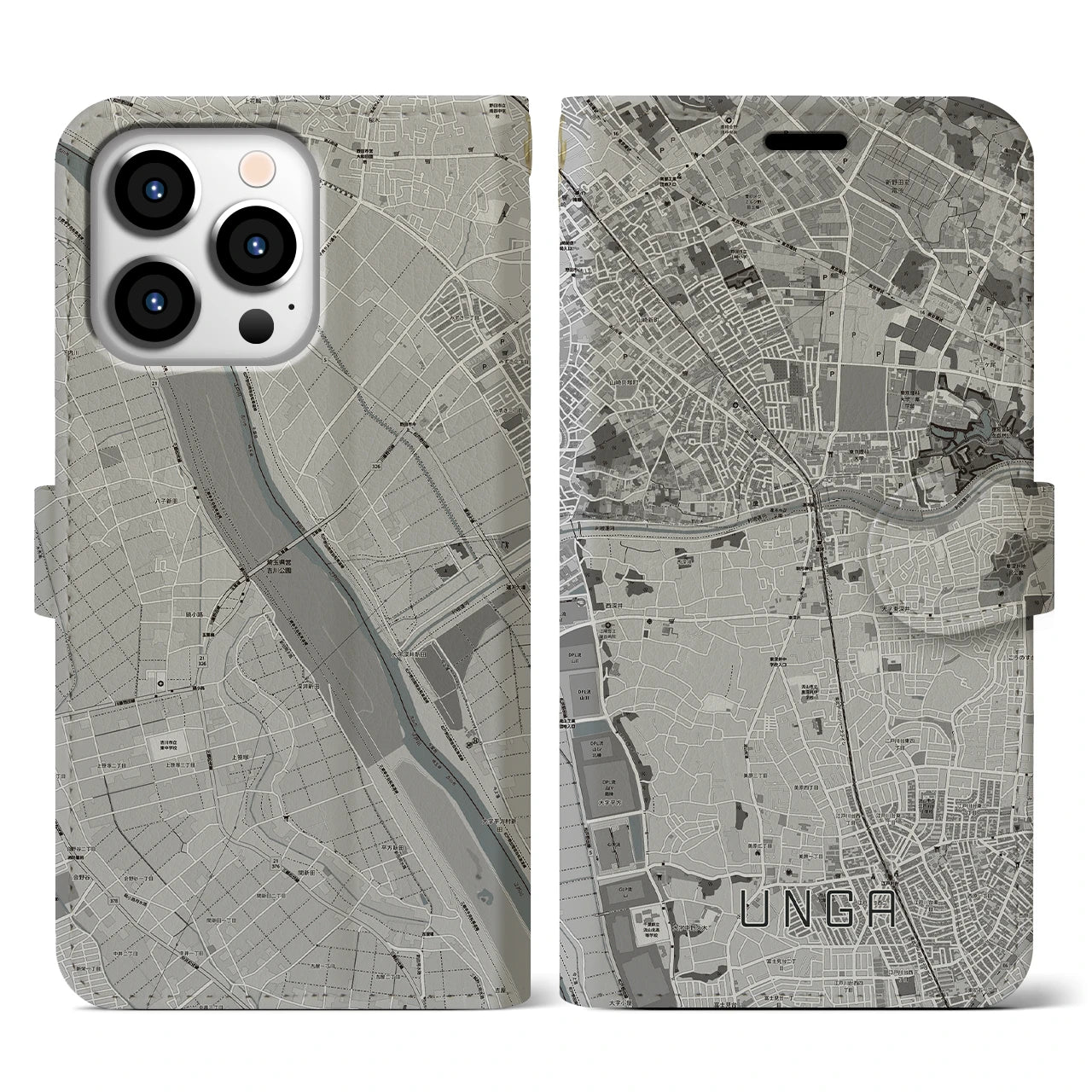 【運河(千葉県)】地図柄iPhoneケース(手帳タイプ)モノトーン・iPhone 13 Pro 用