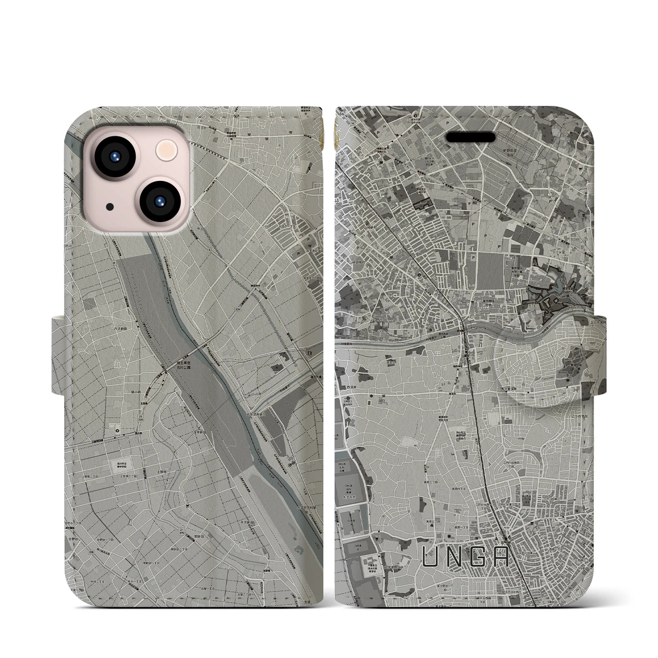 【運河(千葉県)】地図柄iPhoneケース(手帳タイプ)モノトーン・iPhone 13 mini 用
