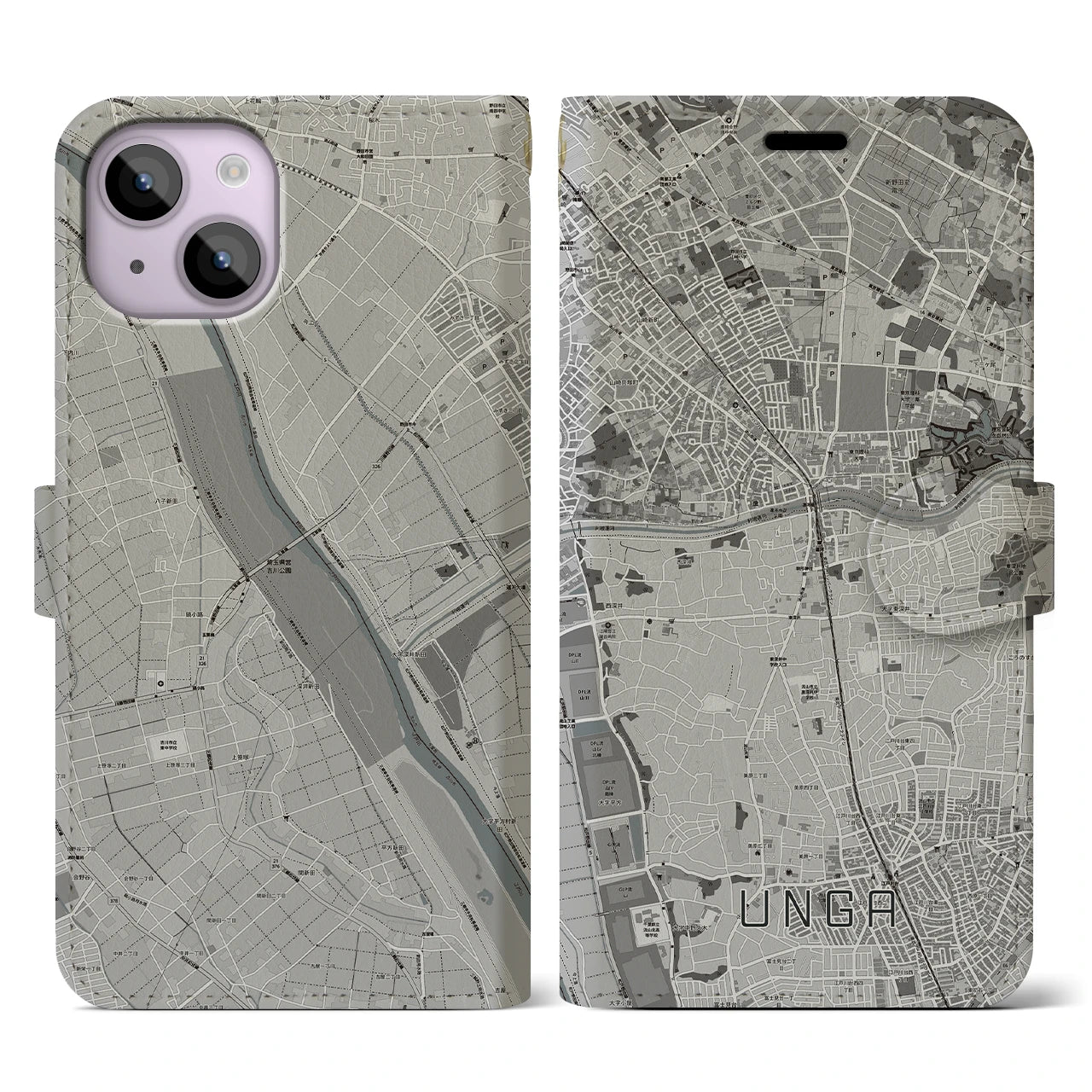 【運河(千葉県)】地図柄iPhoneケース(手帳タイプ)モノトーン・iPhone 14 用