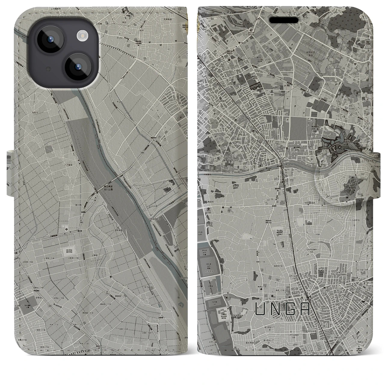 【運河(千葉県)】地図柄iPhoneケース(手帳タイプ)モノトーン・iPhone 14 Plus 用