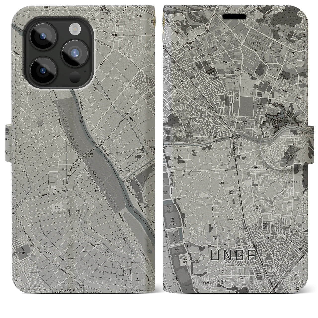 【運河(千葉県)】地図柄iPhoneケース(手帳タイプ)モノトーン・iPhone 15 Pro Max 用