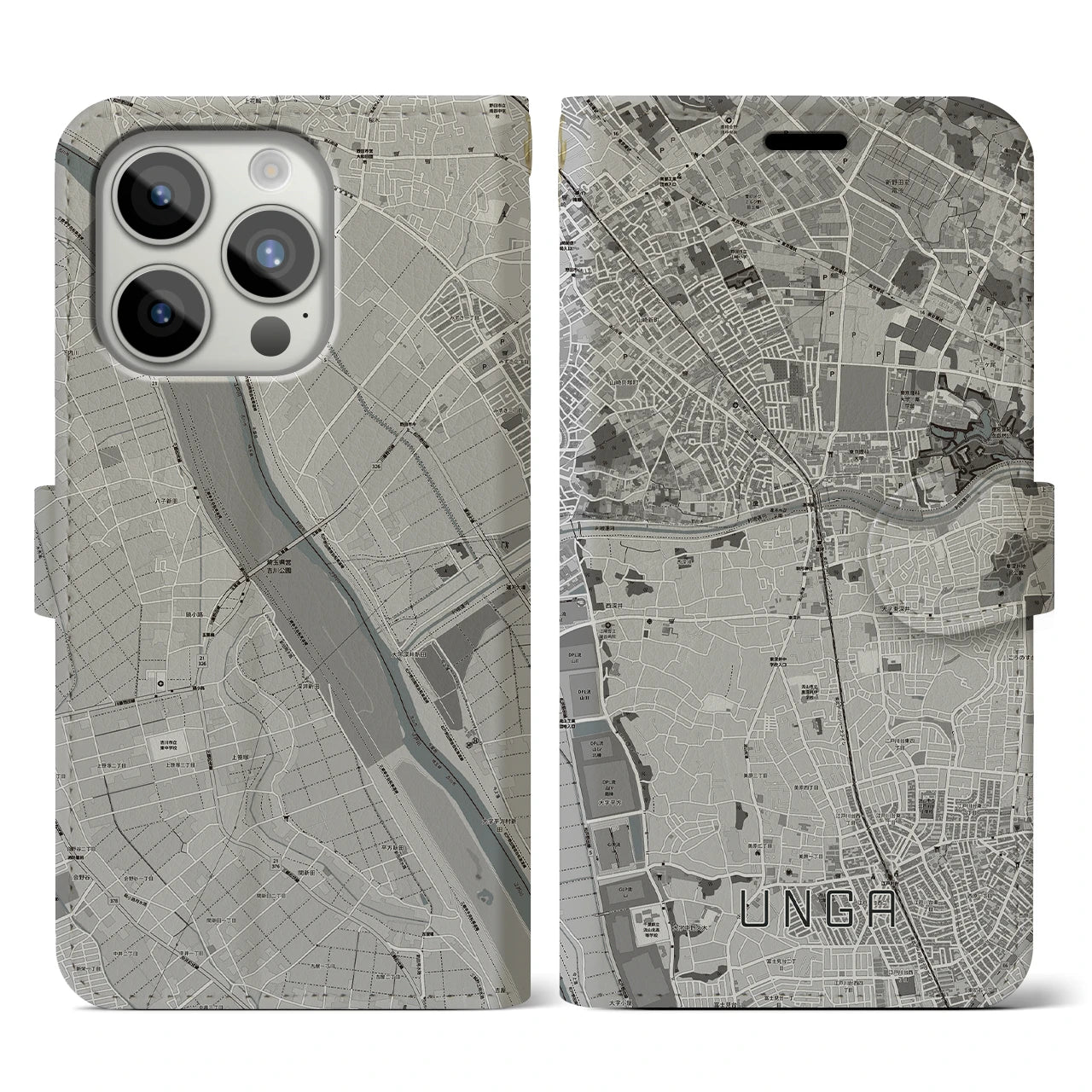 【運河(千葉県)】地図柄iPhoneケース(手帳タイプ)モノトーン・iPhone 15 Pro 用