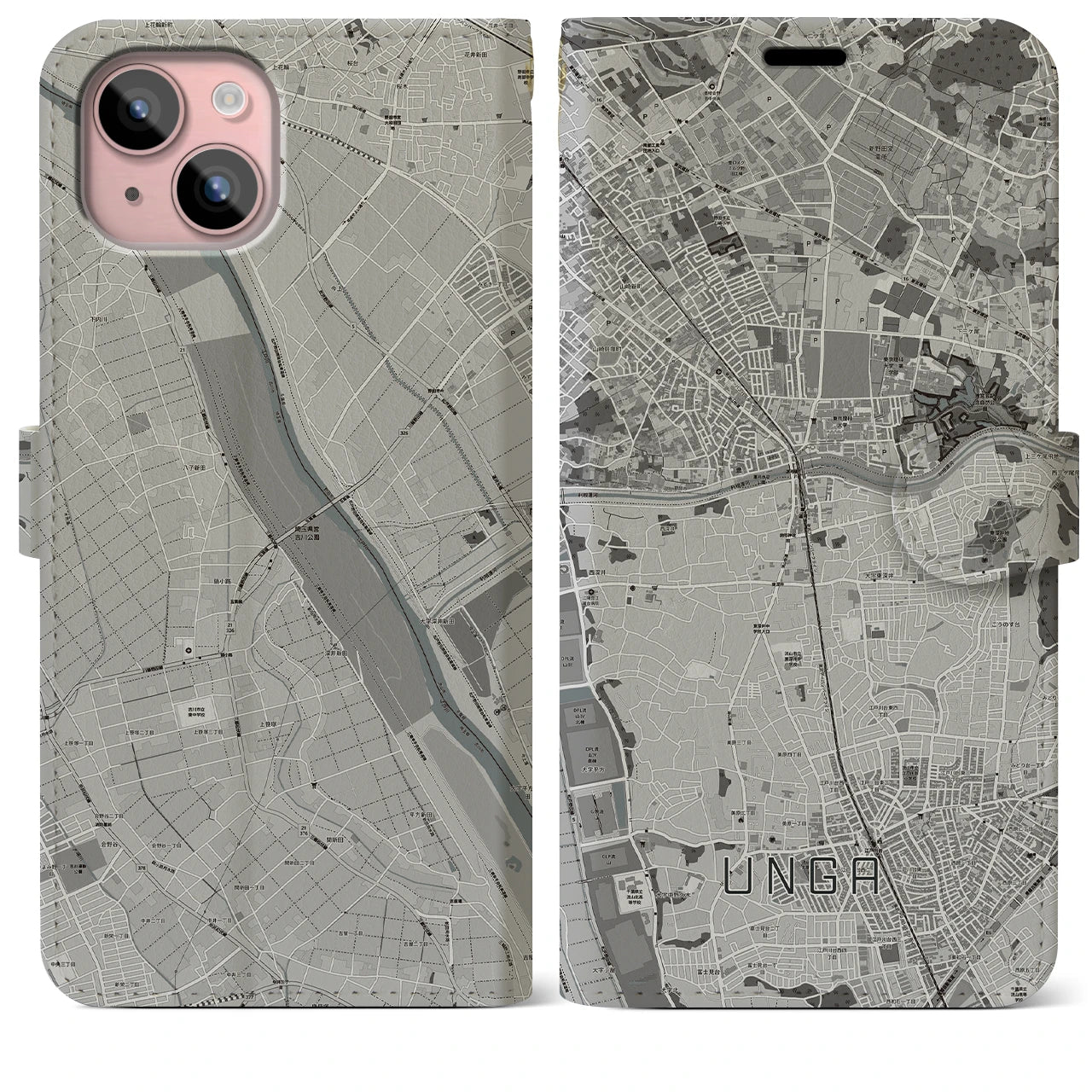 【運河(千葉県)】地図柄iPhoneケース(手帳タイプ)モノトーン・iPhone 15 Plus 用