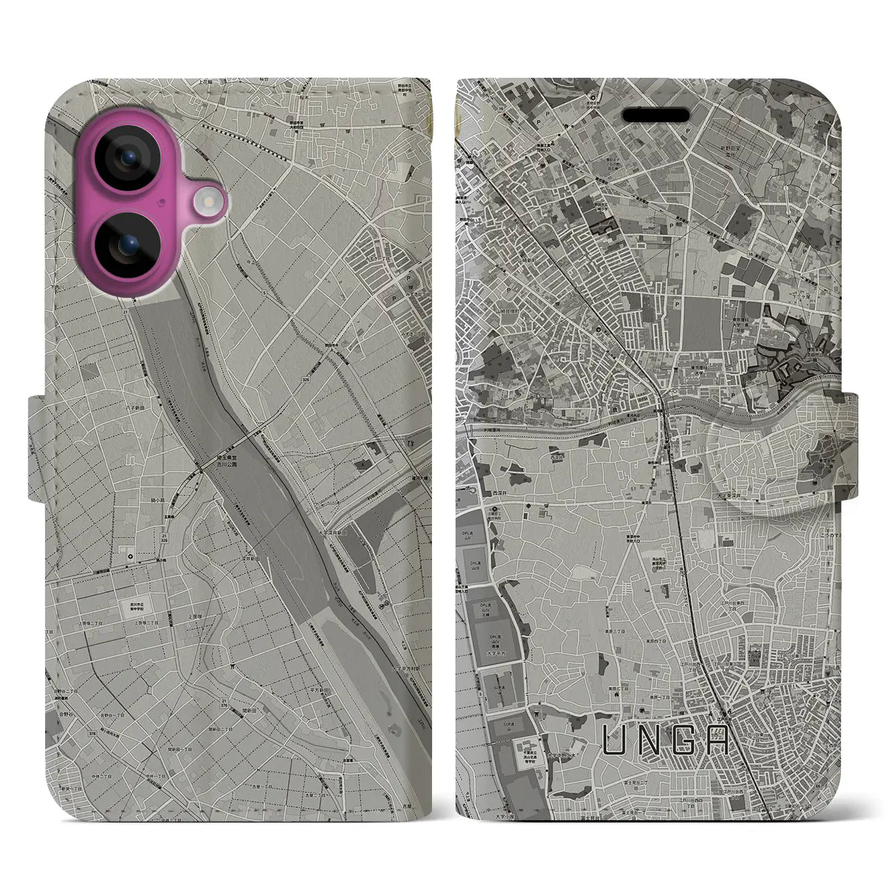 【運河(千葉県)】地図柄iPhoneケース(手帳タイプ)モノトーン・iPhone 16 Pro 用
