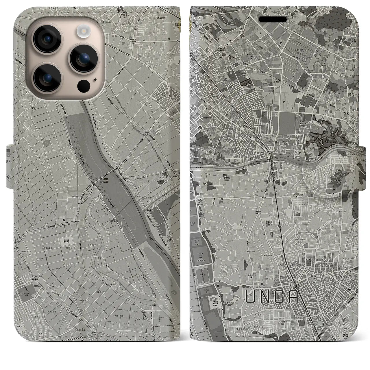 【運河(千葉県)】地図柄iPhoneケース(手帳タイプ)モノトーン・iPhone 16 Plus 用