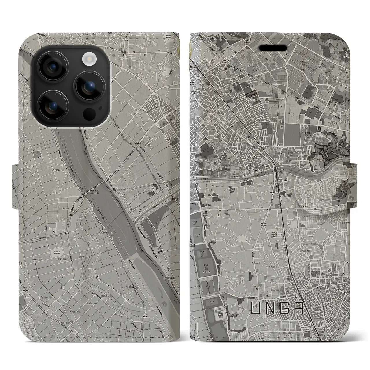 【運河(千葉県)】地図柄iPhoneケース(手帳タイプ)モノトーン・iPhone 16 用