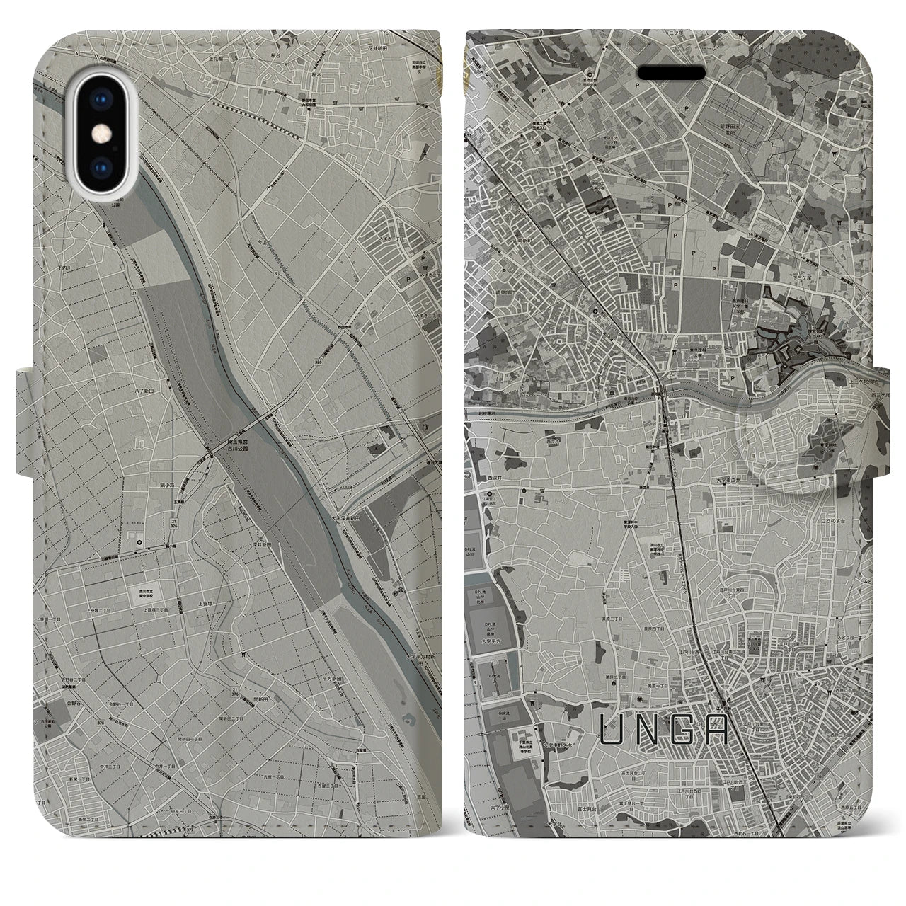 【運河(千葉県)】地図柄iPhoneケース(手帳タイプ)モノトーン・iPhone XS Max 用