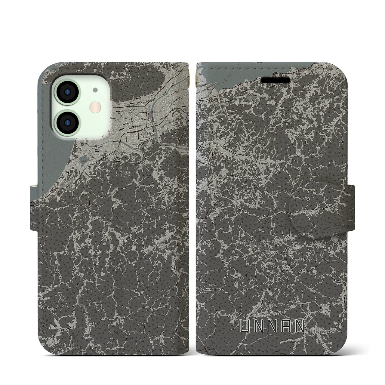 【雲南(島根県)】地図柄iPhoneケース(手帳タイプ)モノトーン・iPhone 12 mini 用
