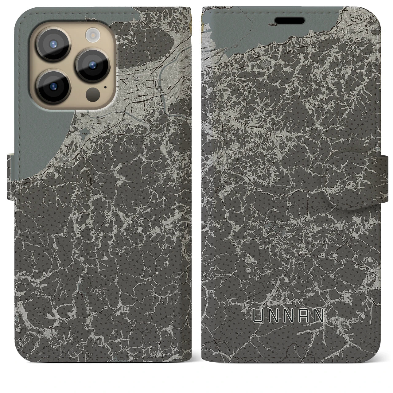 【雲南(島根県)】地図柄iPhoneケース(手帳タイプ)モノトーン・iPhone 14 Pro Max 用
