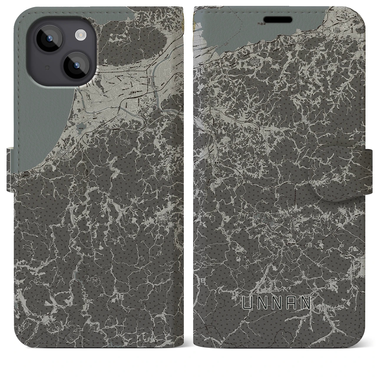 【雲南(島根県)】地図柄iPhoneケース(手帳タイプ)モノトーン・iPhone 14 Plus 用