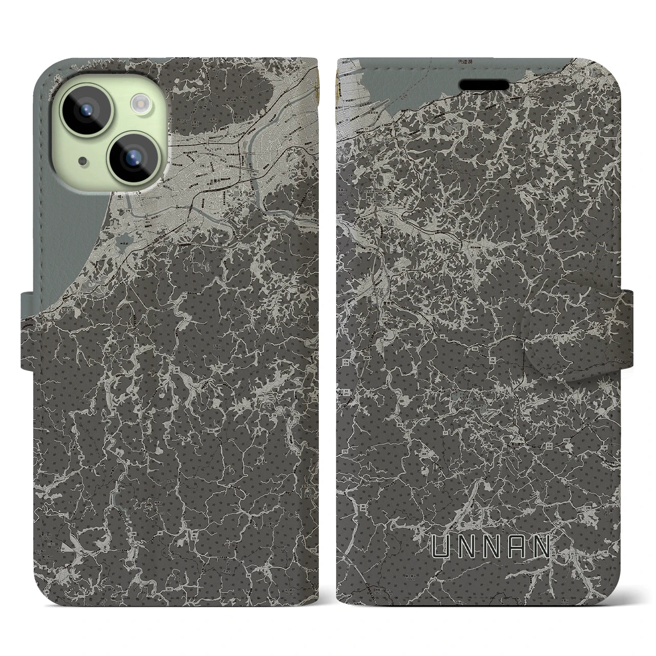 【雲南(島根県)】地図柄iPhoneケース(手帳タイプ)モノトーン・iPhone 15 用