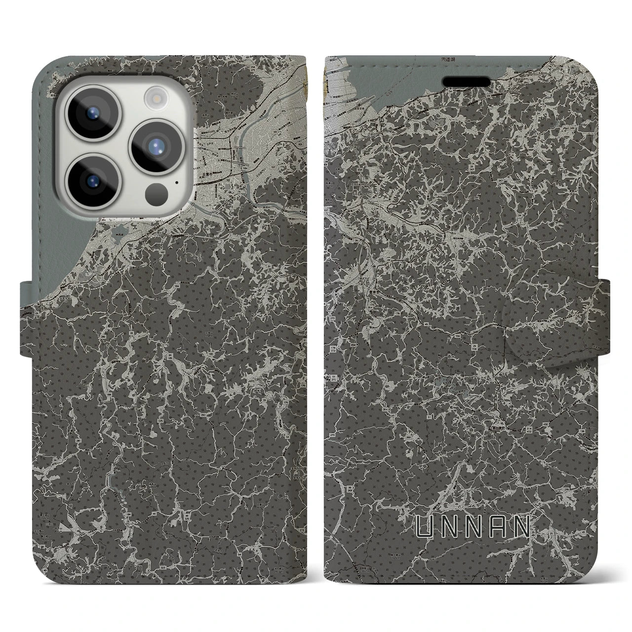【雲南(島根県)】地図柄iPhoneケース(手帳タイプ)モノトーン・iPhone 15 Pro 用
