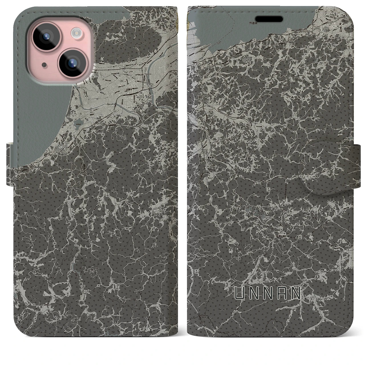 【雲南(島根県)】地図柄iPhoneケース(手帳タイプ)モノトーン・iPhone 15 Plus 用